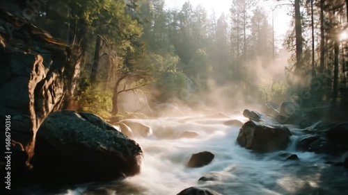 Tranquil river flowing amidst misty forest rocks at dawn.