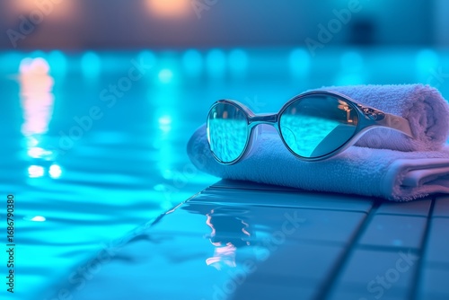 Swim Goggles Resting on a Towel Beside a Tranquil Indoor Pool at Night