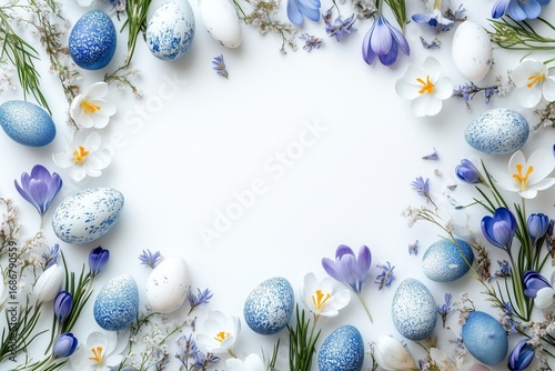 Decorative Spring Easter Eggs Surrounded by Fresh Flowers on a White Background