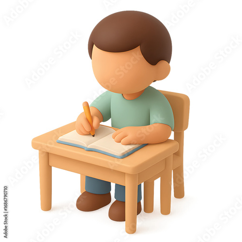 Young boy sitting at wooden school desk and writing in notebook, 3D cartoon with soft pastel tones