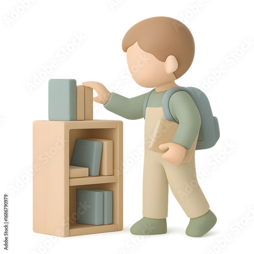 Young boy with backpack choosing a book from bookshelf, soft pastel 3D cartoon illustration