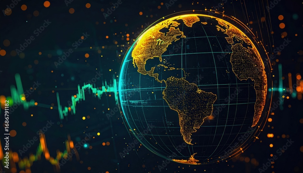 Naklejka premium A digital representation of Earth featuring glowing continents and data visualizations, symbolizing global connectivity and technological advancement.