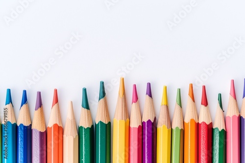 Colorful Collection of Pencils Arranged Neatly in a Row on a White Background.
