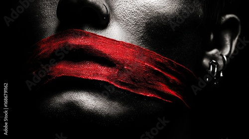 Close-up portrait of young man’s lower face with red tape sealing mouth, symbolizing censorship, suppression of speech, and freedom of expression on a dark background