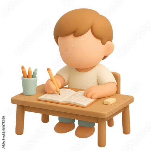 Schoolboy sitting at desk writing in notebook with pencils and eraser, pastel 3D cartoon illustration