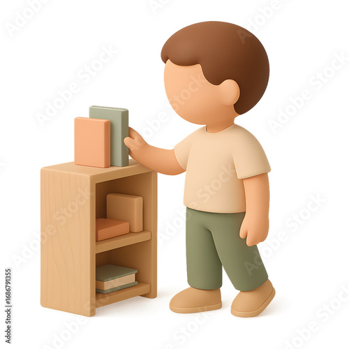 Young boy reaching for a book on wooden shelf in classroom, pastel 3D cartoon illustration