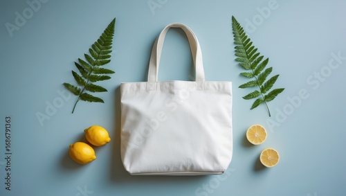 A stylish, blank canvas tote bag sits atop a pale blue surface, adorned with vibrant green fern fronds and bright yellow lemons, creating a fresh and summery aesthetic.