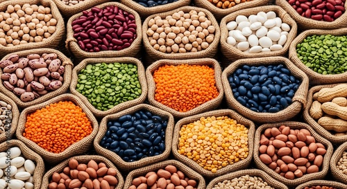 Assortment of various dried beans and legumes in burlap sacks.