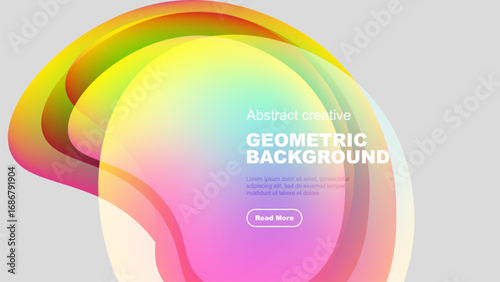Vibrant fluid shapes overlap, creating colorful abstract background. Text promotes further exploration. Modern design elements present.