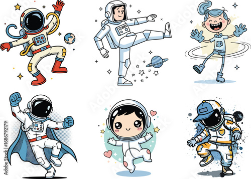 Playful cartoon astronauts in colorful space suits with planets, stars, and cosmic elements, fun vector illustration for children’s space exploration design