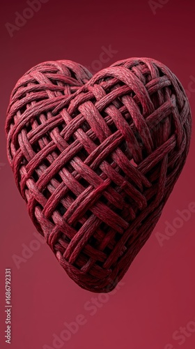 Artistic Representation of a Heart Made From Woven Materials on a Red Backgro...