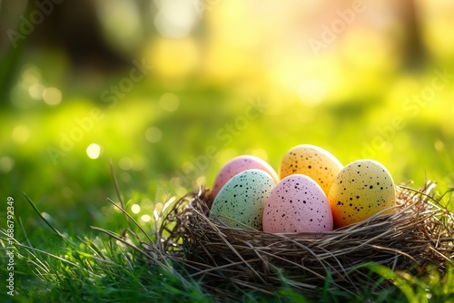 Colorful Easter Eggs in a Grass Nest Surrounded by Soft Light During a Sunny ...