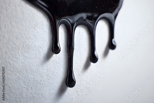 Black liquid dripping down a white wall.