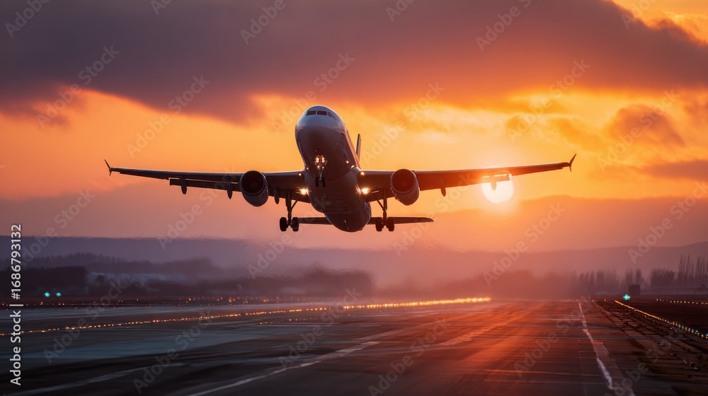 Fototapeta premium airplane taking off sunset sky