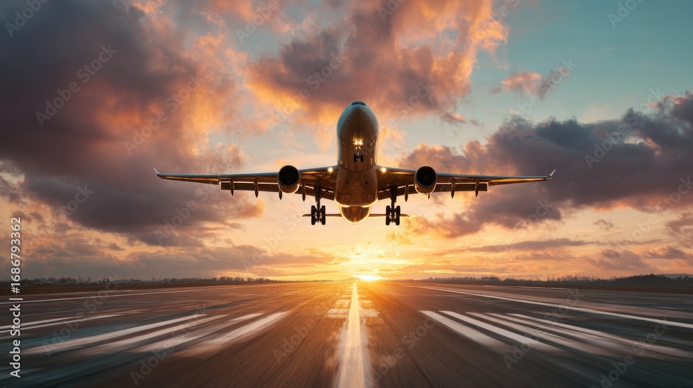Naklejka premium airplane landing sunset sky clouds