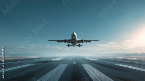 airplane taking off runway sunrise