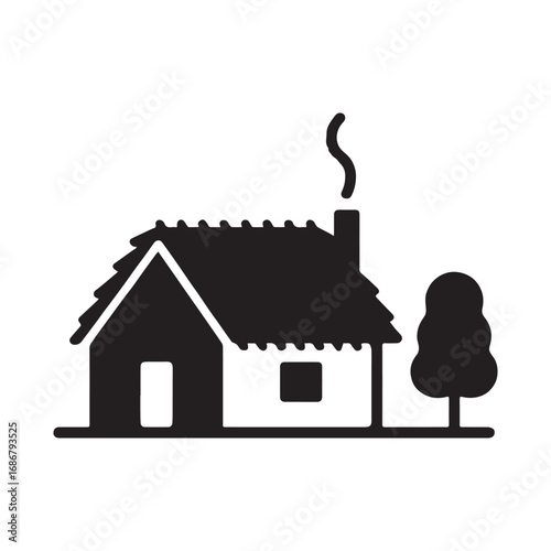 A white background illustration of a silhouette of a house with a smoke coming out of the chimney. 