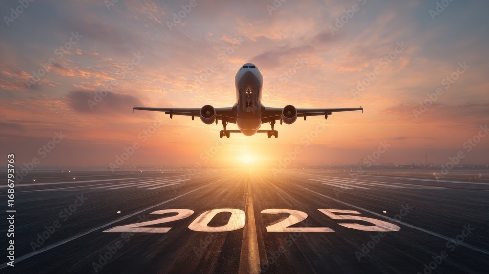 Fototapeta premium airplane taking off year 2025 sunset
