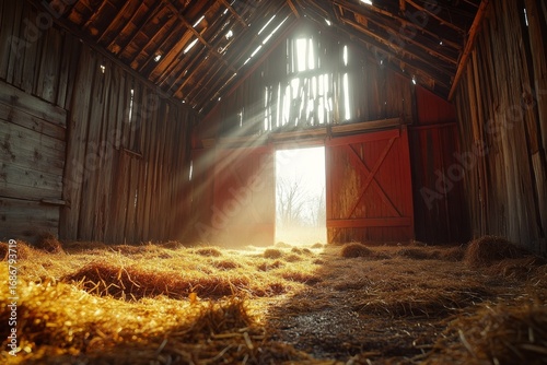 Warm sunlight streams through the open barn door illuminating straw on the wooden floor at dawn