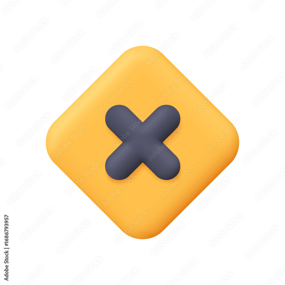 Fototapeta premium Black cross on yellow diamond rhombus button. Close, delete, reject symbol. User interface concept. 3d vector icon. Cartoon minimal style.