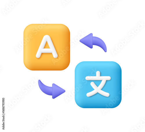 Language translator symbol on square buttons with rounded arrows. Translate app, foreign Languages, online dictionary and online learning concept. 3d vector icon. Cartoon minimal style.