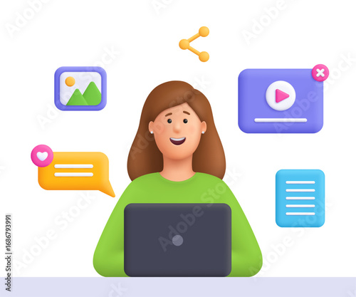 Young smiling woman Kate working on laptop computer. Content management, online communication, blogging, multimedia and social media concept. 3d vector people character. Cartoon minimal style.
