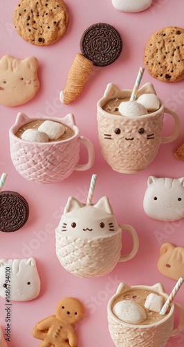 Cute mugs of hot chocolate with marshmallows and cookies
