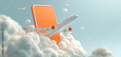 The airplane emerging from a smartphone above fluffy clouds in a bright sky.
