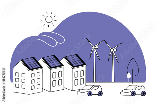 Eco-friendly neighborhood with solar panels on houses, wind turbines, and electric cars sustainable