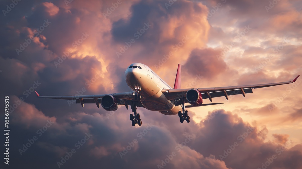 Obraz premium airplane descending sunset cloudscape