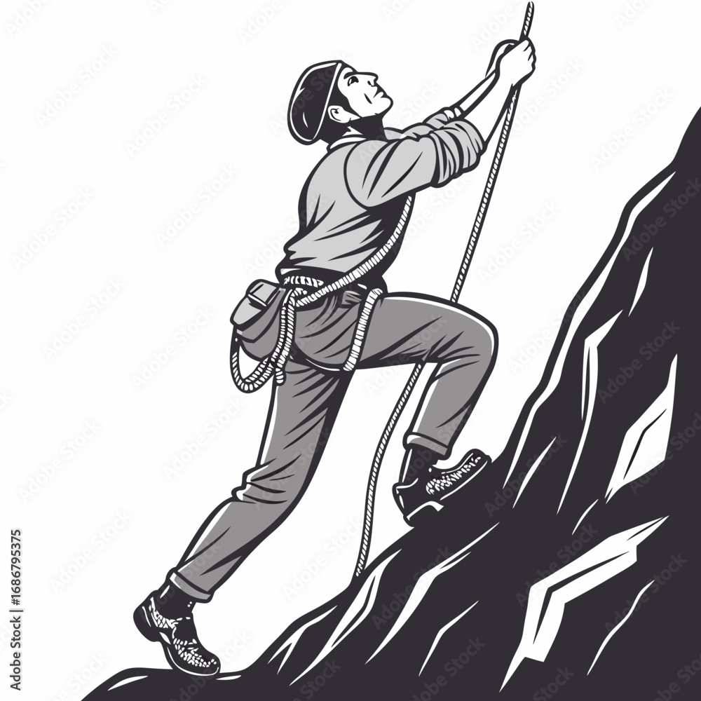 Obraz premium Black and white illustration of a man rock climbing a jagged mountain with a rope and gear mountaineering