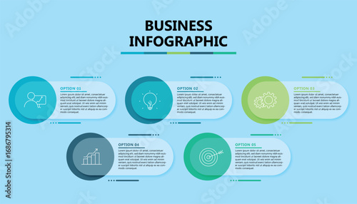 Business infographic template with five colorful options including icons for presentation, growth, ideas, strategy, and goals on a light blue background