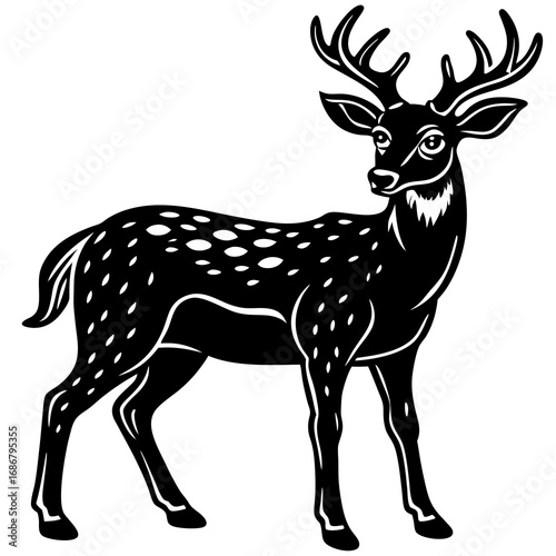 Black and white illustration of a deer with antlers and spots looking to the side on a white background Keywords: deer, stag, buck, animal, wildlife, nature, forest, woodland, mammal, herbivore