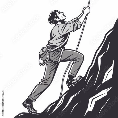 Black and white illustration of a man rock climbing a jagged mountain with a rope and gear mountaineering