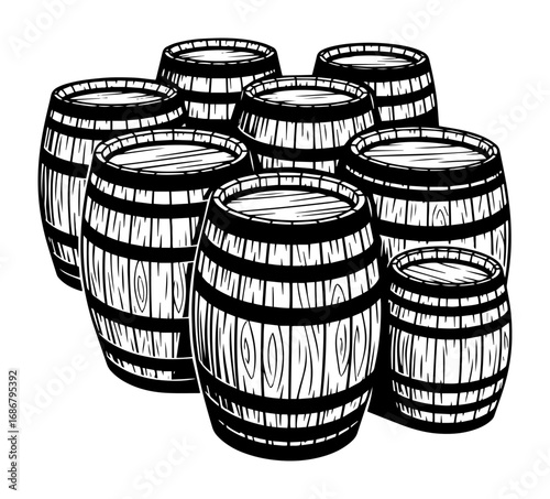 Wooden barrel collection vector – assorted oak casks for wine, whiskey or beer, rustic coopering line drawing