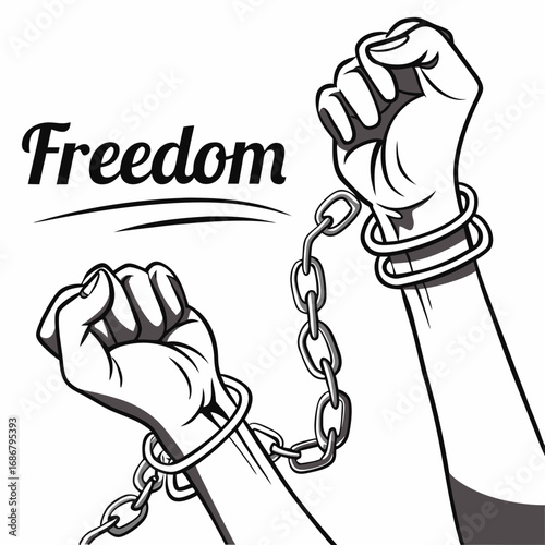 Black and white illustration of two hands breaking chains with the word Freedom above on a white background