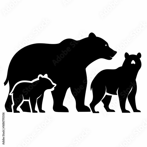 Black silhouette of a mother bear and two cubs walking together on a white background family