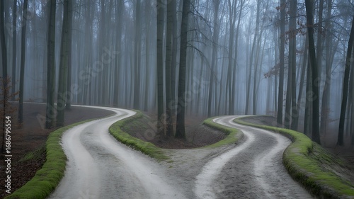 Fork in the road symbolizing choice and decision making in a moody forest