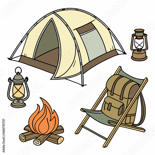 Camping setup with two lanterns tent campfire and backpack on a chair on a white background
