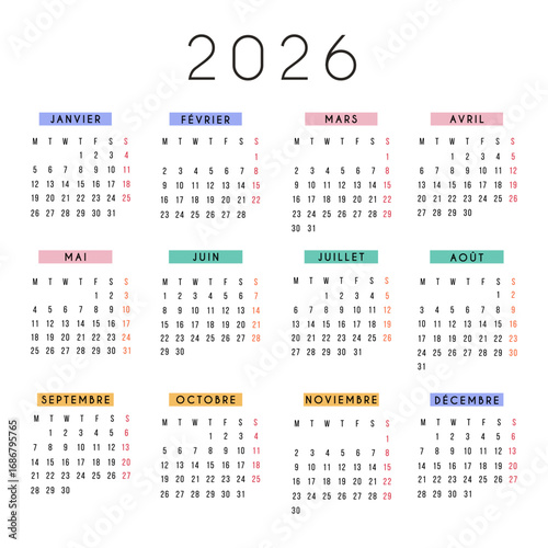 2026 French calendar in modern square design with colorful monthly headers. Minimal typography, clean layout for planning, organizing, scheduling. Printable yearly planner template in French language.