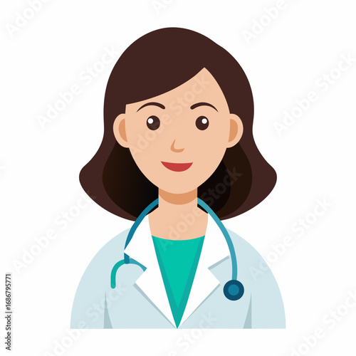 Cartoon portrait of a female doctor with a stethoscope and teal shirt woman medical