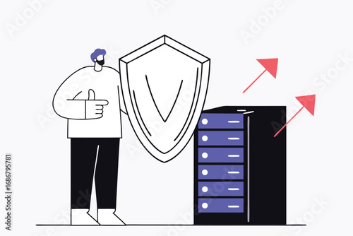 Person holding shield protecting server rack from upward arrows symbolizing data security and protection