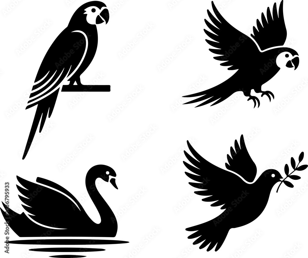 Obraz premium Bird Silhouette Collection – Parrot, Swan, Dove, and Flying Bird