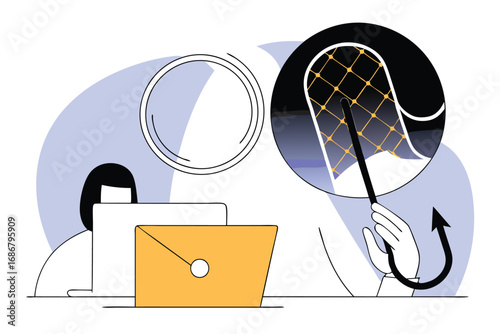 Person using laptop and fishing net to catch digital data and information from the internet vector