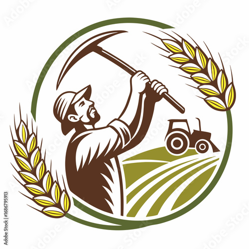 Farmer with a scythe and tractor in a circular emblem with wheat agriculture farming
