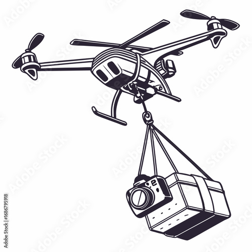 Drone carrying a camera and a package suspended by ropes quadcopter unmanned aerial vehicle