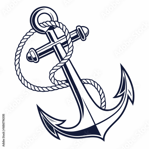 Nautical Anchor with Rope Illustration in Dark Blue and White marine ocean