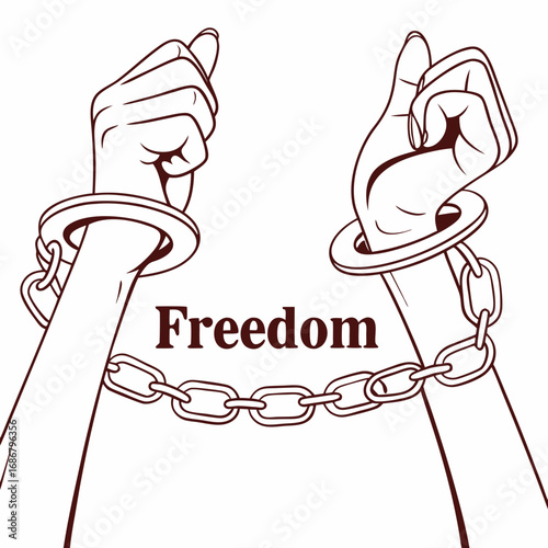 Outline illustration of two hands breaking chains with the word Freedom in the center on a white background
