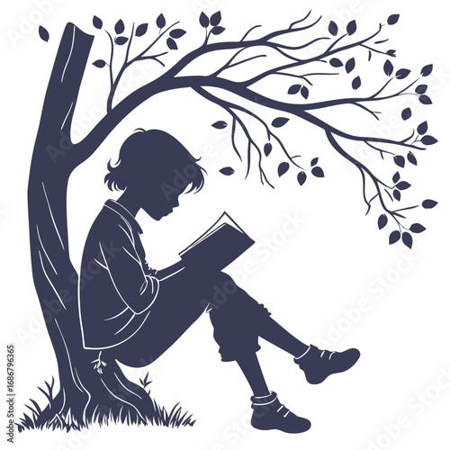 Silhouette of a boy reading a book under a stylized tree with leaves on a white background child