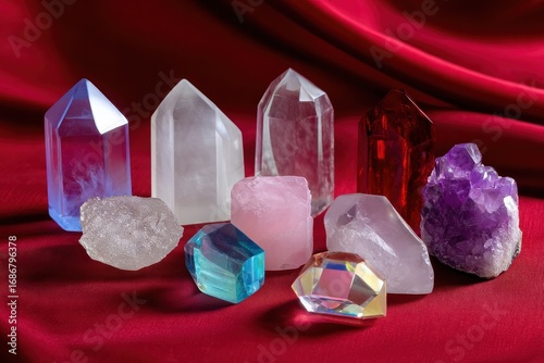 Mystical Crystals: A captivating array of radiant crystals, each reflecting a unique facet of nature's artistry. They lie upon a rich, crimson backdrop, revealing intricate details of gemlike forms. 